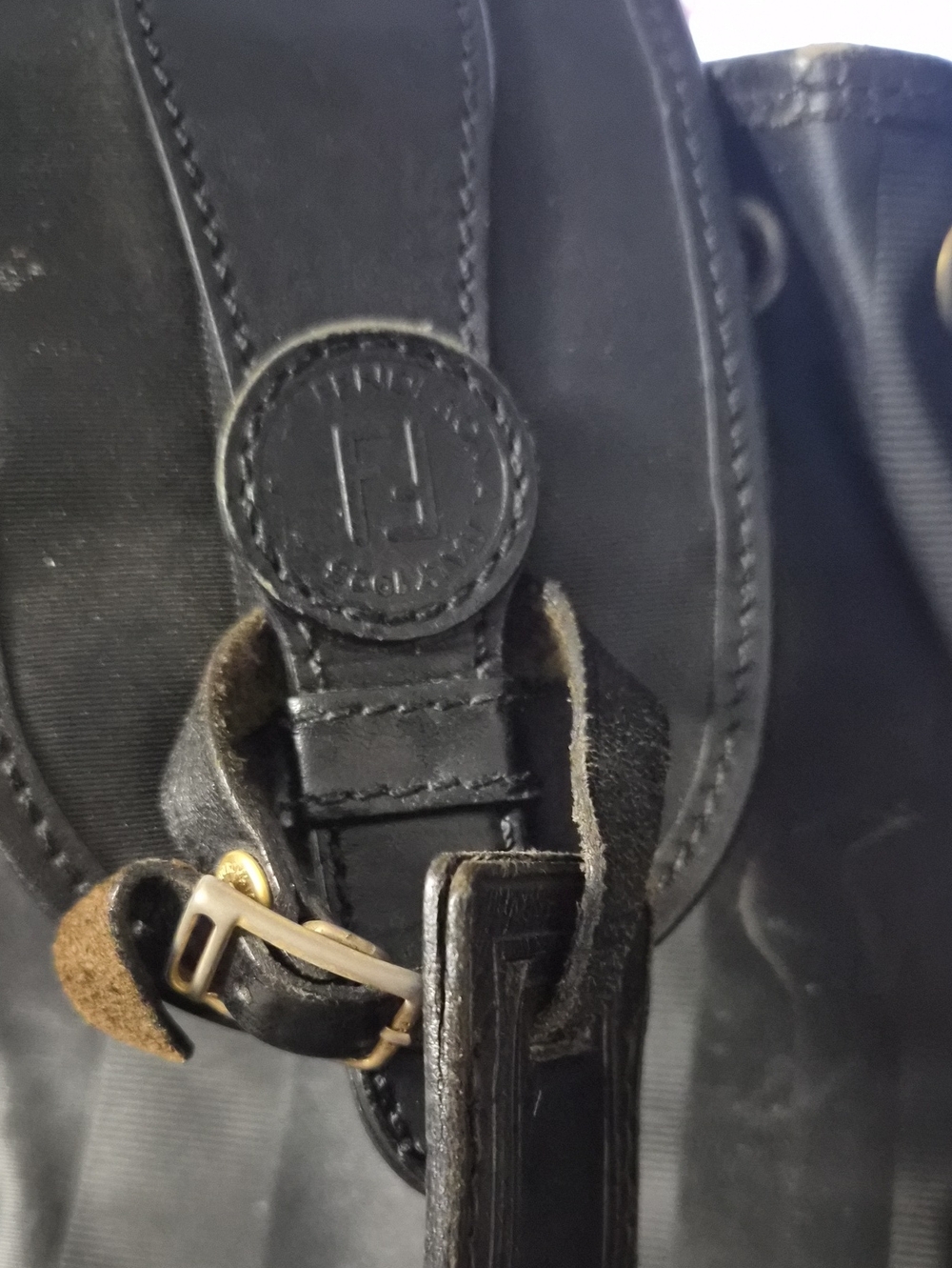Fendi Black Leather-Trim Duffle Style with Gold Hardware